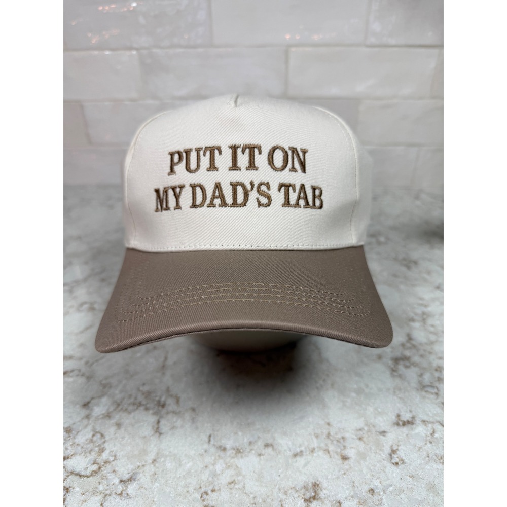 Put It On My Dads Tab Baseball Cap Hat Cream Tan Two Tone Adjustable Strapback